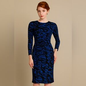 VTG J. Michael Silk Cocktail Dress Blue & Black Animal Print Peekaboo Back 6